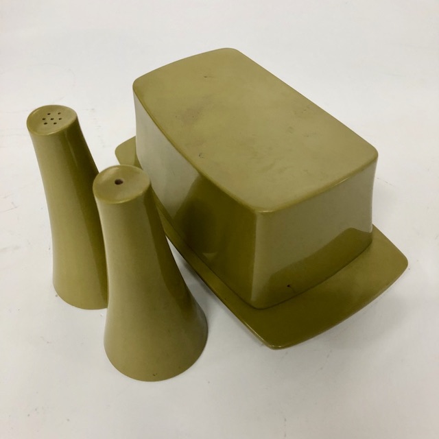 CONDIMENT SET, 1970s Olive Green Bessemerware Assorted